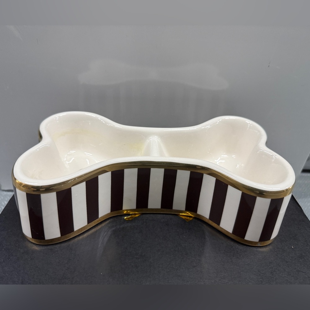 Henri Bendel NY Bone Appetit Dog Bowl Brown & White Stripe Gold Band - Picture 2 of 7